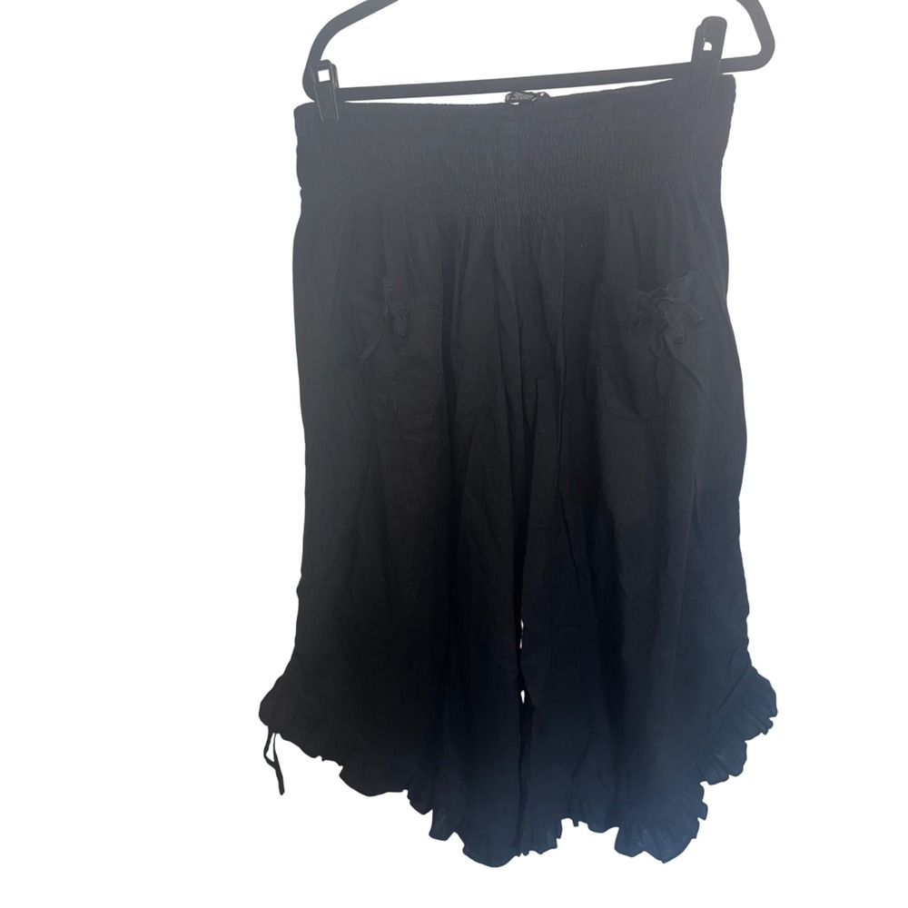 Celina Black Cotton Smocked Waist Wide Leg Ruffle Hem Boho Pants Free Size